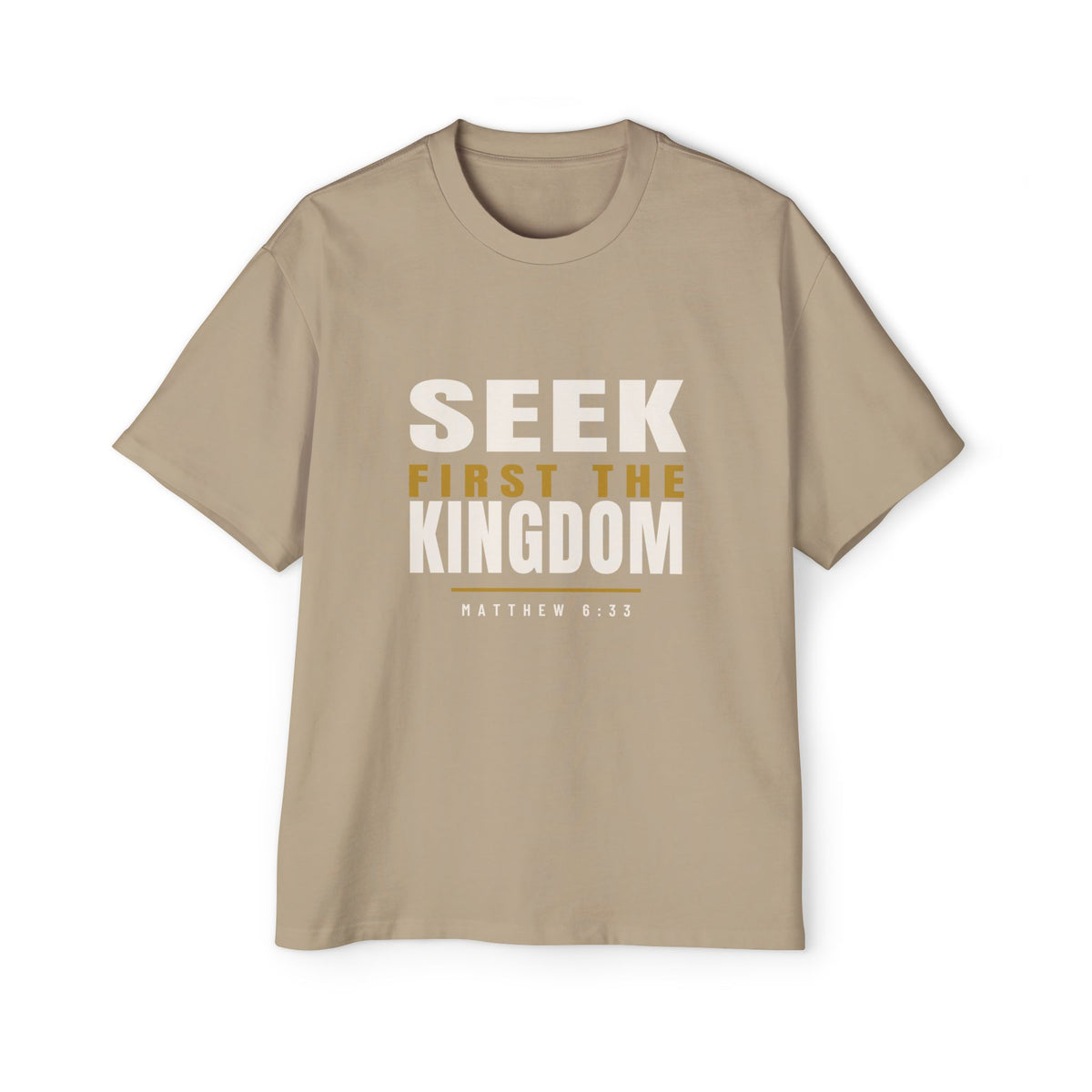 Seek First Block Oversized Tee, t-shirt, Faded Khaki, front view, SEEK FIRST., Matthew 6:33 (KJV)