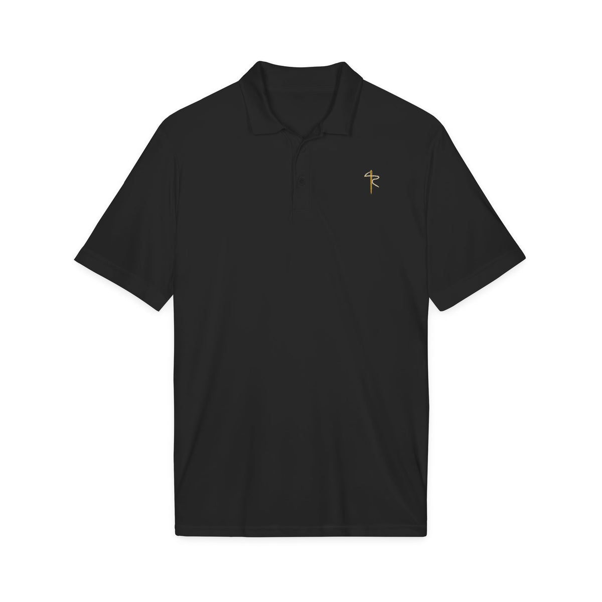 Embroidered Gold Cross Polo, polo shirt, Black, front view, THE CROSS., Galatians 6:14 (KJV)