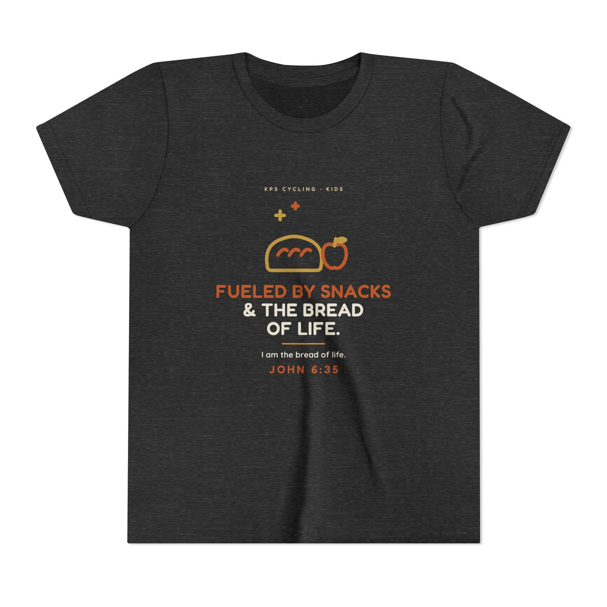 Fueled by Snacks & the Bread of Life Youth Tee, Dark Grey Heather, front view, FUELED BY SNACKS & THE BREAD OF LIFE. John 6:35 (KJV)