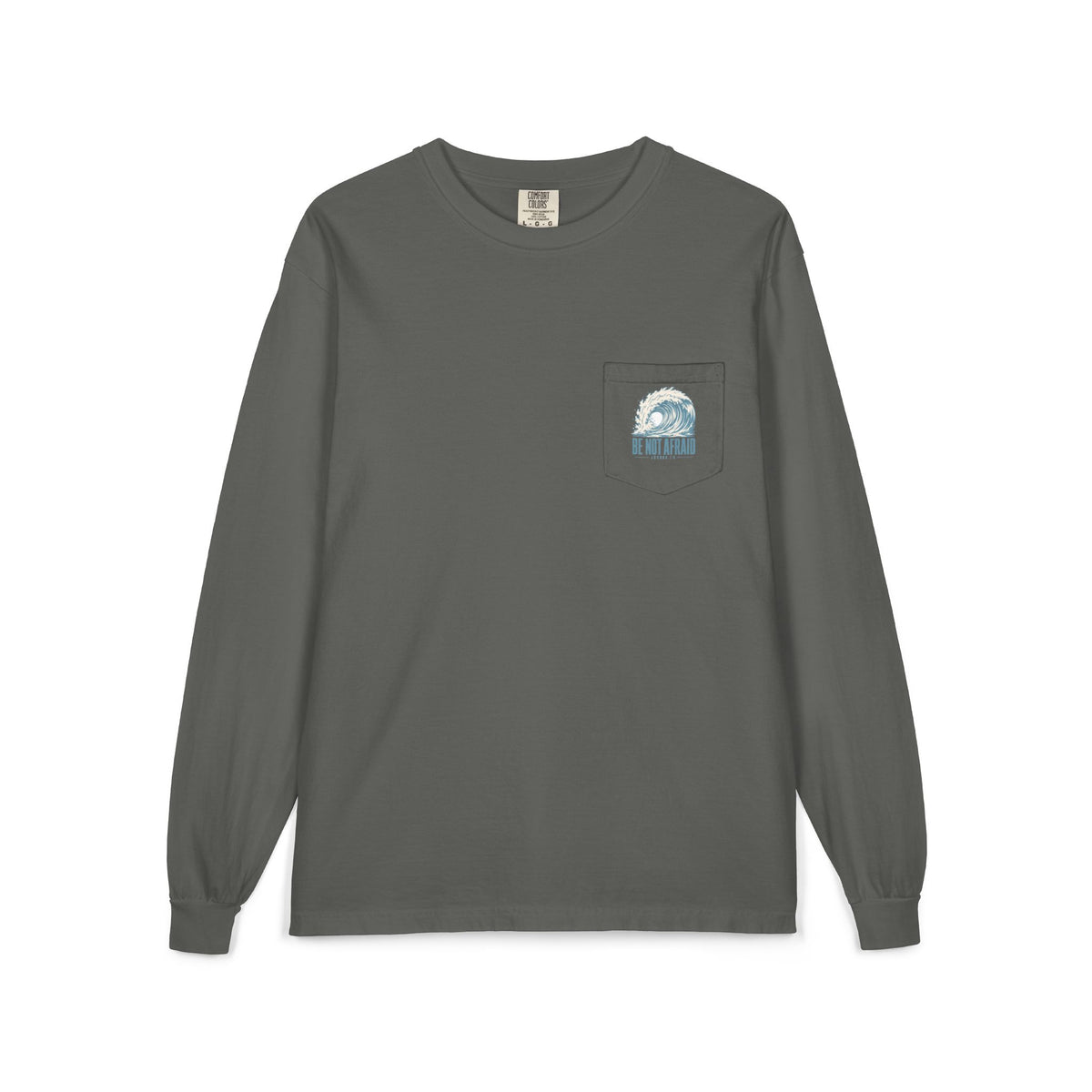 Wave Pocket Long Sleeve, long-sleeve tee, Pepper, front view, BE NOT AFRAID., Joshua 1:9 (KJV)