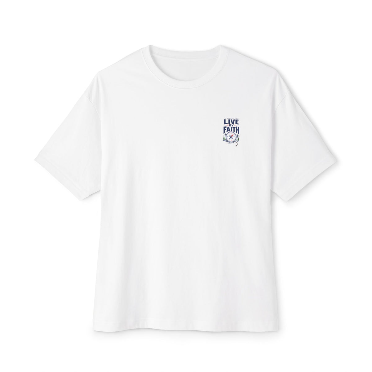 Live by Faith Compass Tee, t-shirt, White, front view, small chest print, LIVE BY FAITH., Romans 1:17 (KJV)