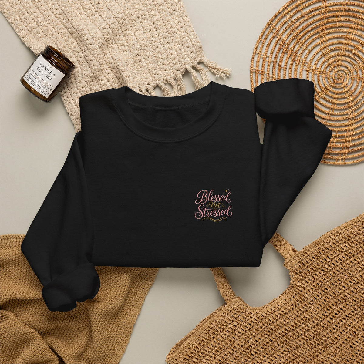 Blessed Not Stressed Crewneck, sweatshirt, Black, lifestyle photo, BLESSED NOT STRESSED., Philippians 4:6–7 (KJV)