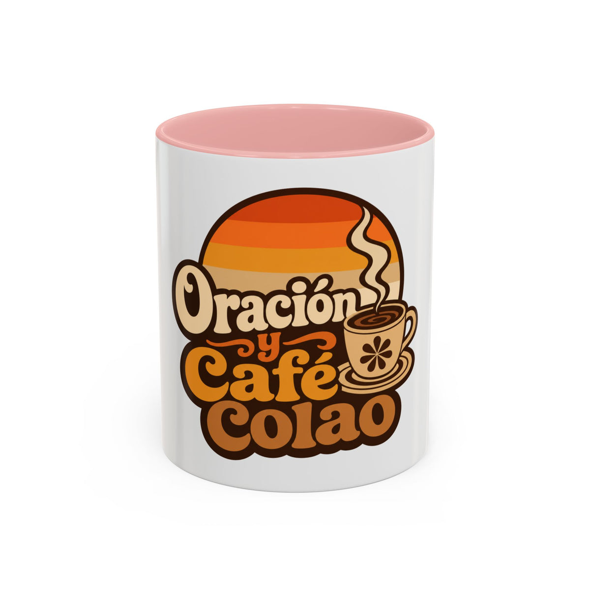 Oración y Café Colao Mug, mug, Pink inside and handle, front view, ORACIÓN Y CAFÉ COLAO., Psalm 5:3 (KJV)