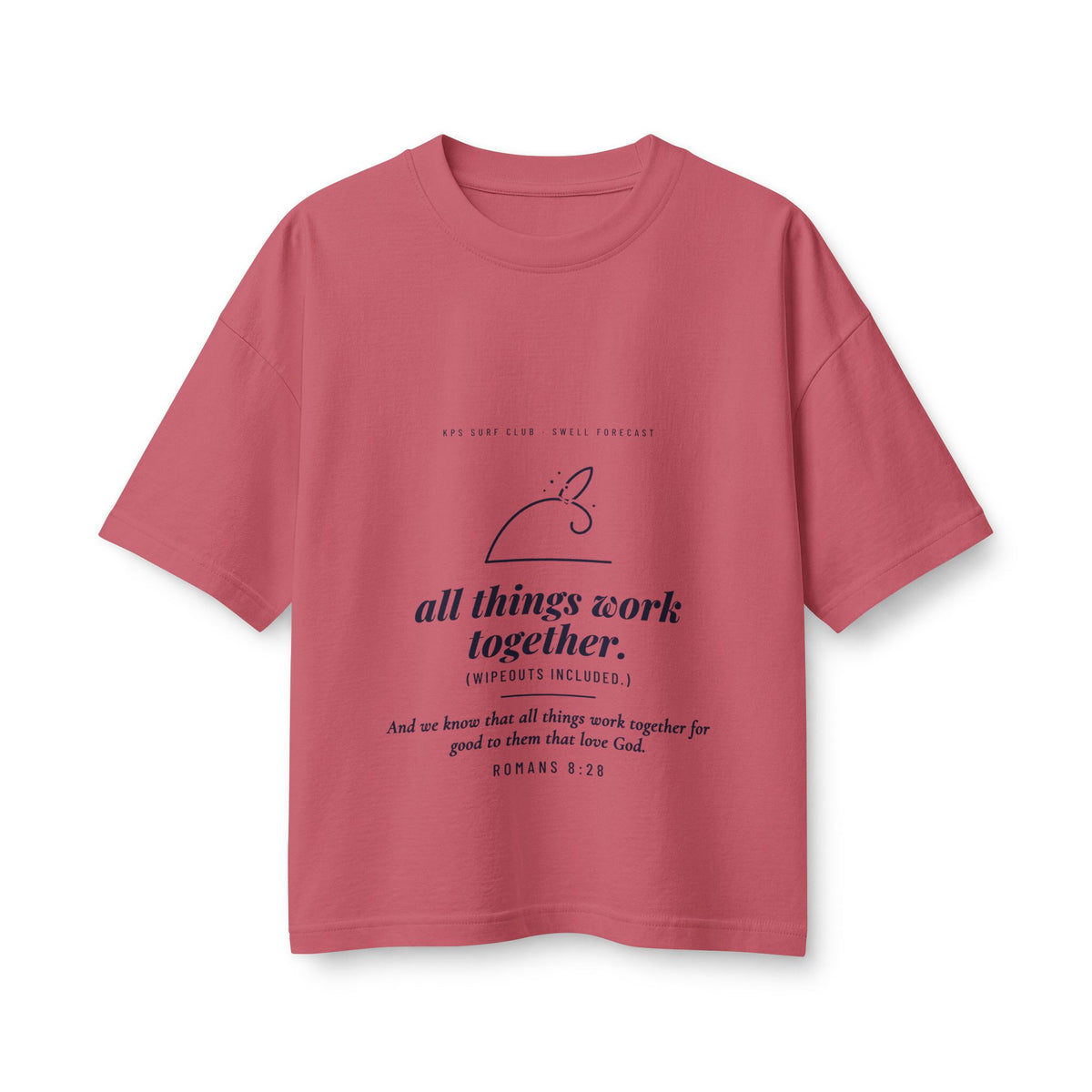 All Things Work Together Women's Boxy Tee, Vintage Red, front view, ALL THINGS WORK TOGETHER. (WIPEOUTS INCLUDED.) Romans 8:28 (KJV)