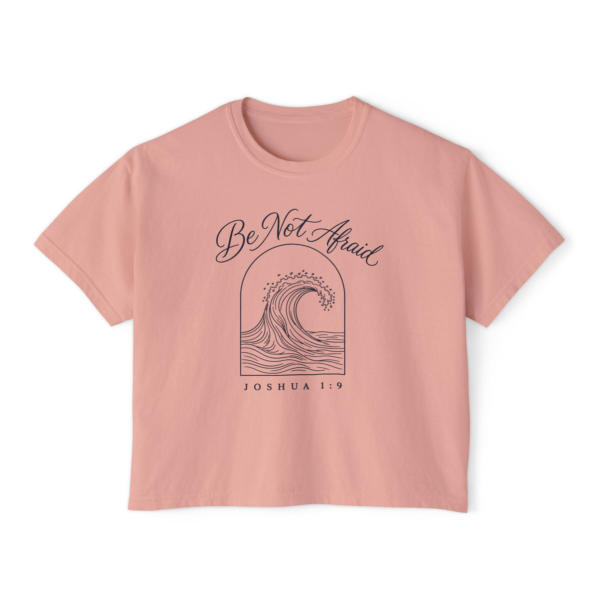 Be Not Afraid Wave Crop Tee, crop tee, Peachy, front view, Be Not Afraid wave in an arch, Joshua 1:9 (KJV)