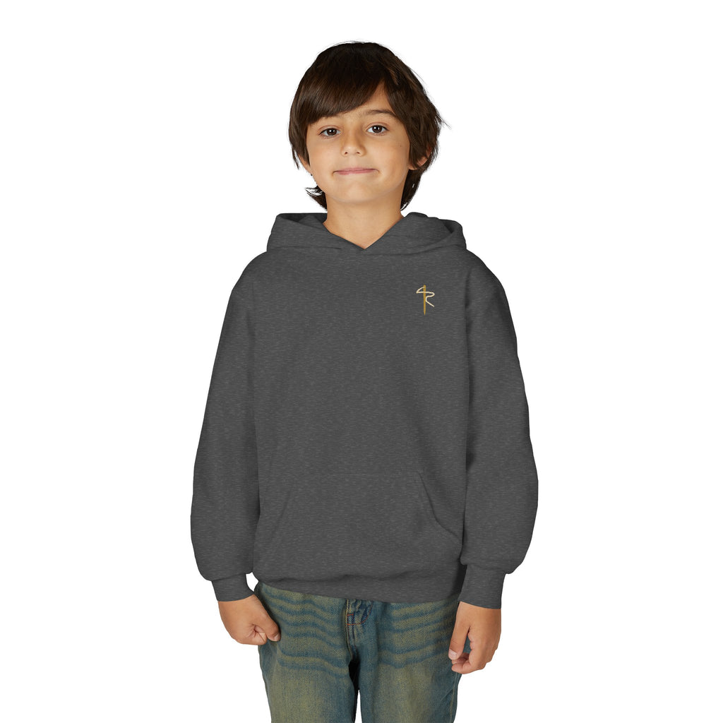 Child of God Youth Hoodie, kids' hoodie, Dark Heather, front view, worn by a child, A CHILD OF GOD… STILL ASKING “ARE WE THERE YET?”, 1 John 3:2 (KJV)