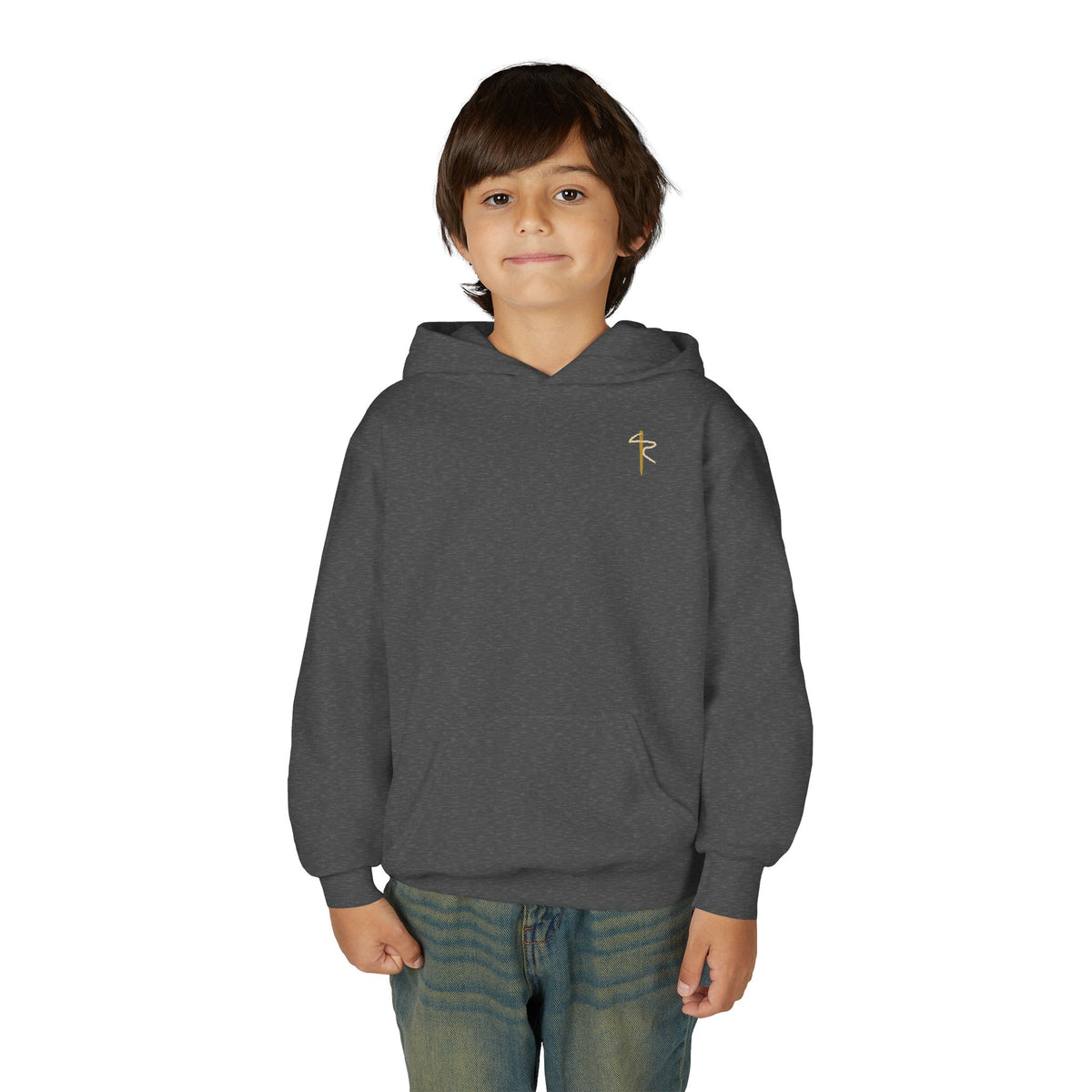 Child of God Youth Hoodie, kids' hoodie, Dark Heather, front view, worn by a child, A CHILD OF GOD… STILL ASKING “ARE WE THERE YET?”, 1 John 3:2 (KJV)