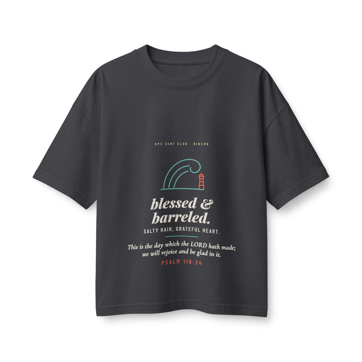 Blessed & Barreled Women's Boxy Tee, Dark Grey, front view, BLESSED & BARRELED. SALTY HAIR, GRATEFUL HEART. Psalm 118:24 (KJV)