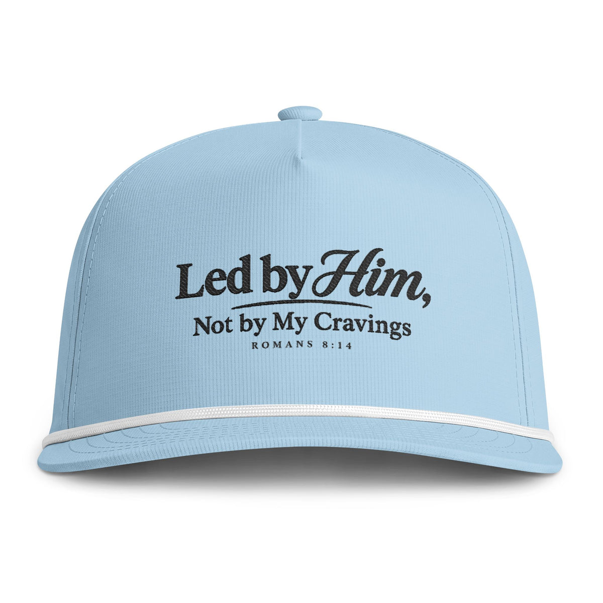 Led by Him Rope Cap, Chambray, LED BY HIM, NOT BY MY CRAVINGS., Romans 8:14 (KJV)
