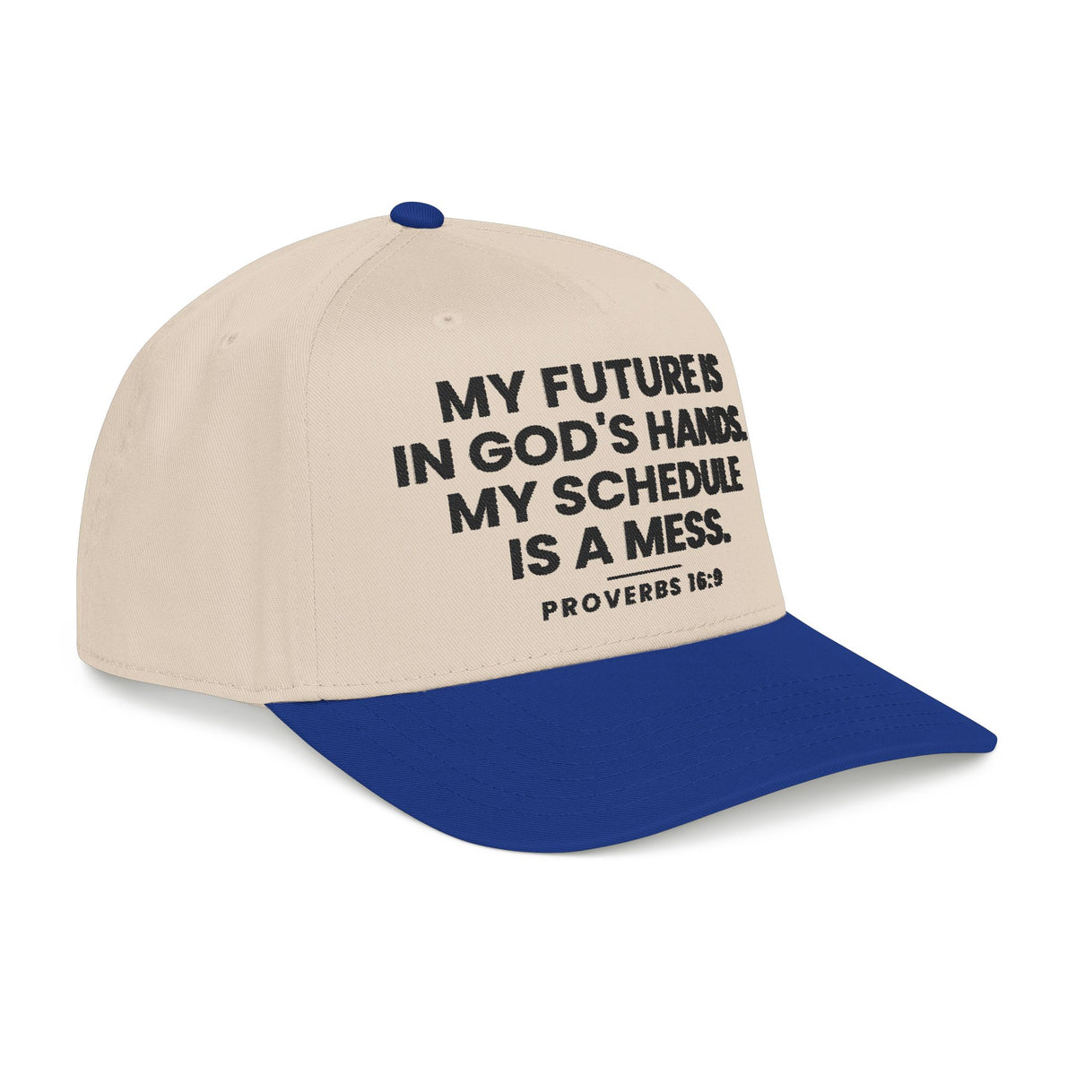 God's Hands Cap, Royal/Natural, side view, MY FUTURE IS IN GOD'S HANDS. MY SCHEDULE IS A MESS., Proverbs 16:9 (KJV)