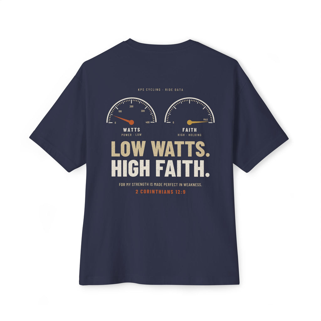 Low Watts High Faith Cycling Tee, Navy, back view, LOW WATTS. HIGH FAITH. 2 Corinthians 12:9 (KJV)