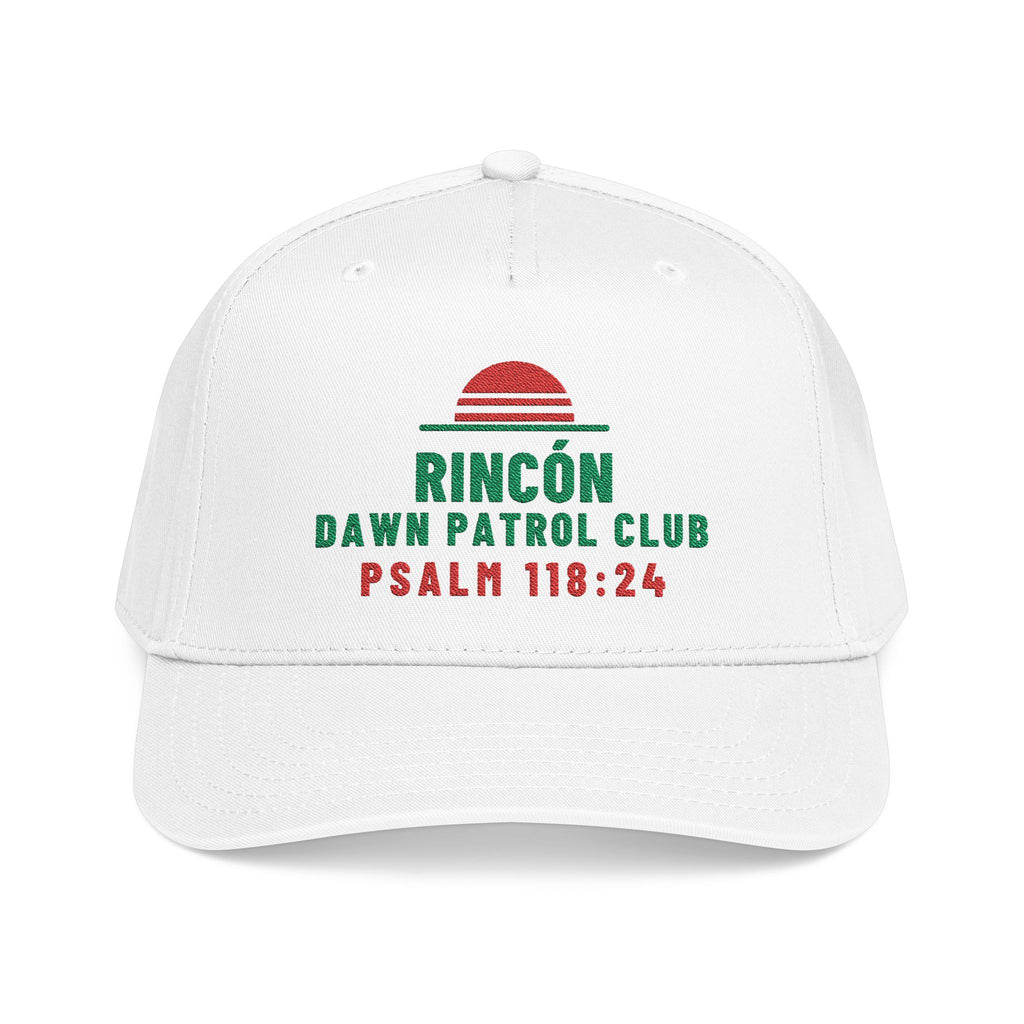 Rincón Dawn Patrol Club Cap, White, front view, RINCÓN DAWN PATROL CLUB. Psalm 118:24 (KJV)