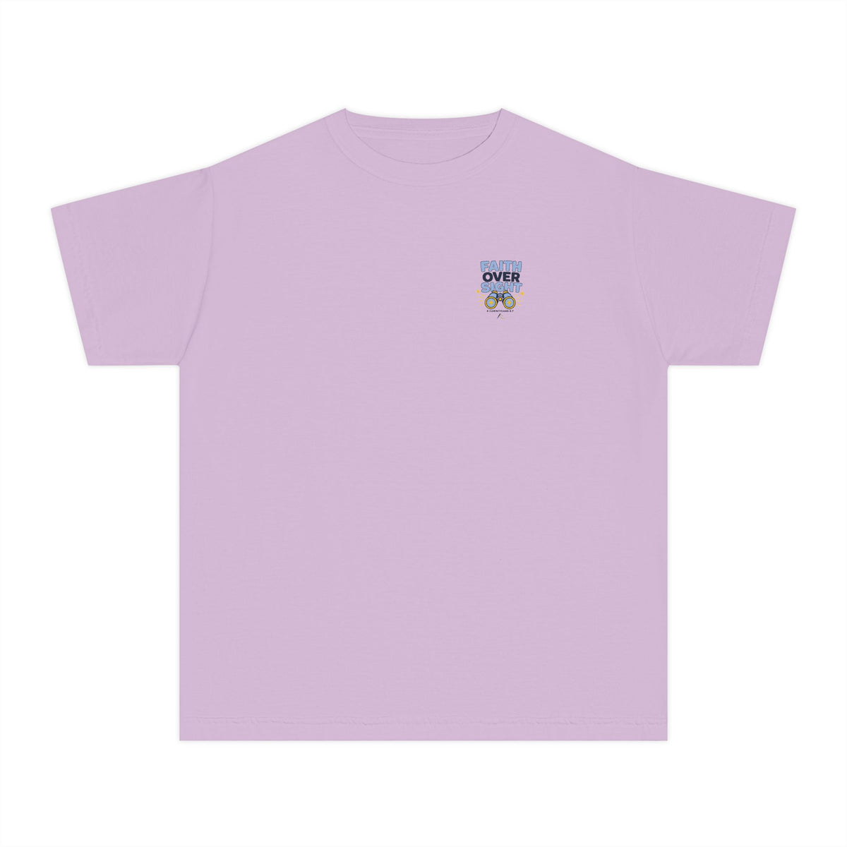 Faith Over Sight Youth Tee in Orchid, front view: small FAITH OVER SIGHT. binoculars chest print, 2 Corinthians 5:7 (KJV)