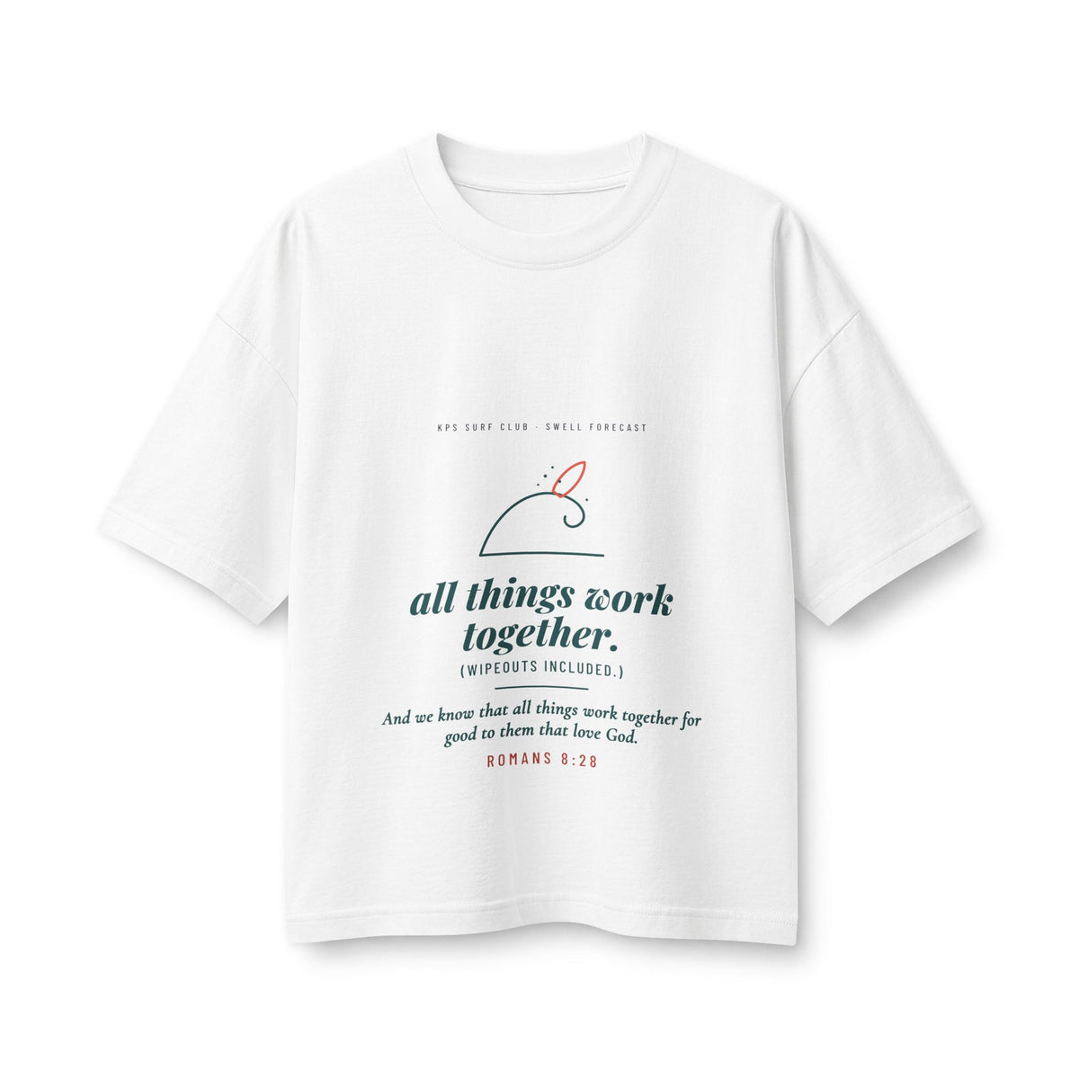 All Things Work Together Women's Boxy Tee, White, front view, ALL THINGS WORK TOGETHER. (WIPEOUTS INCLUDED.) Romans 8:28 (KJV)