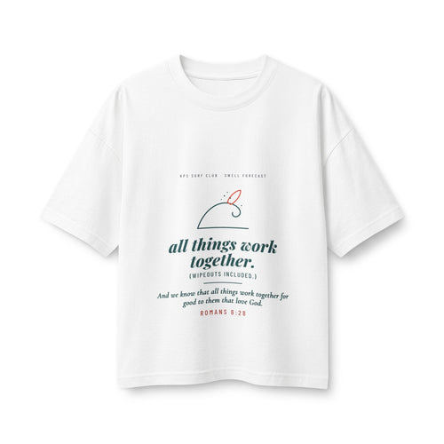 All Things Work Together Women's Boxy Tee, White, front view, ALL THINGS WORK TOGETHER. (WIPEOUTS INCLUDED.) Romans 8:28 (KJV)
