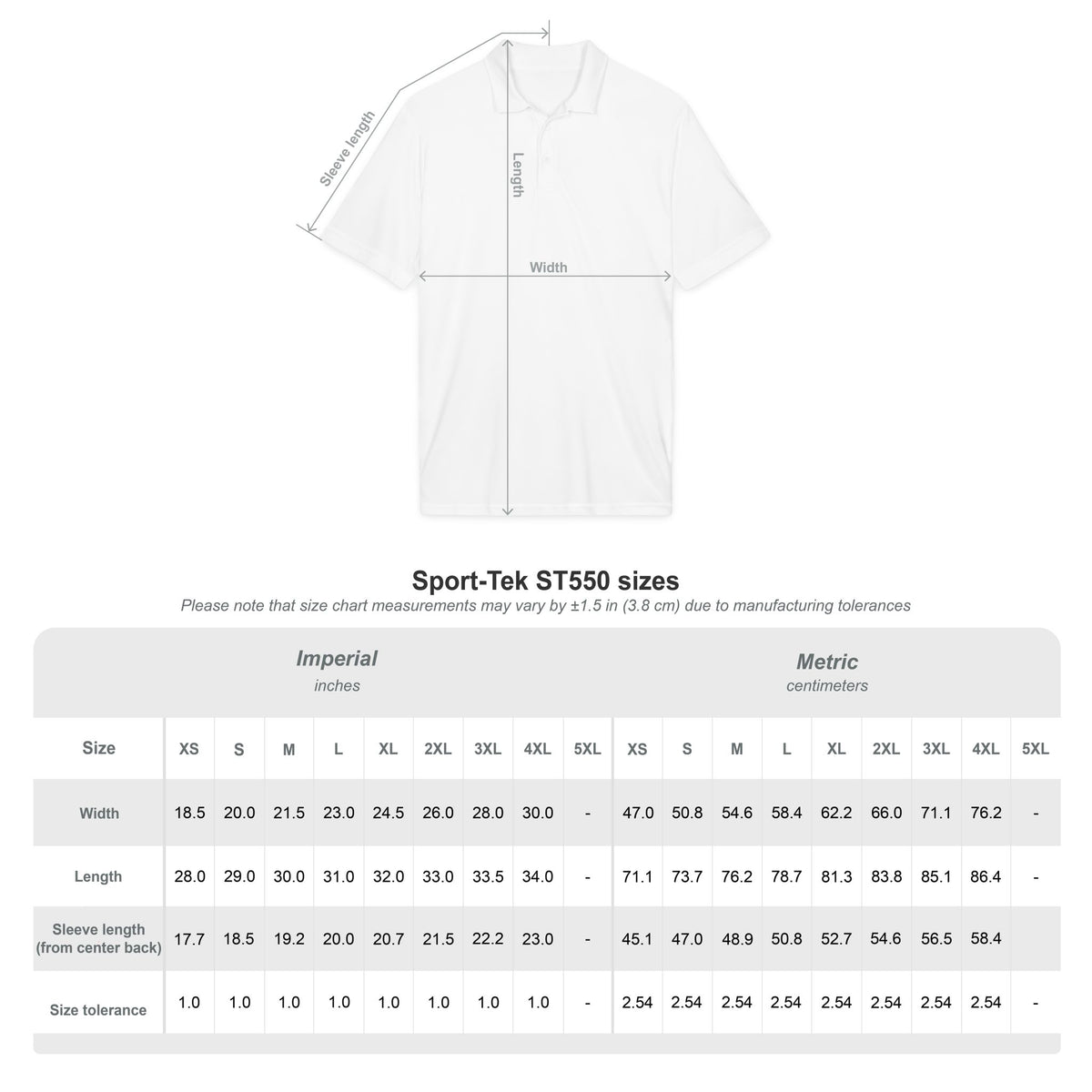 Embroidered Gold Cross Polo, size chart with measurements