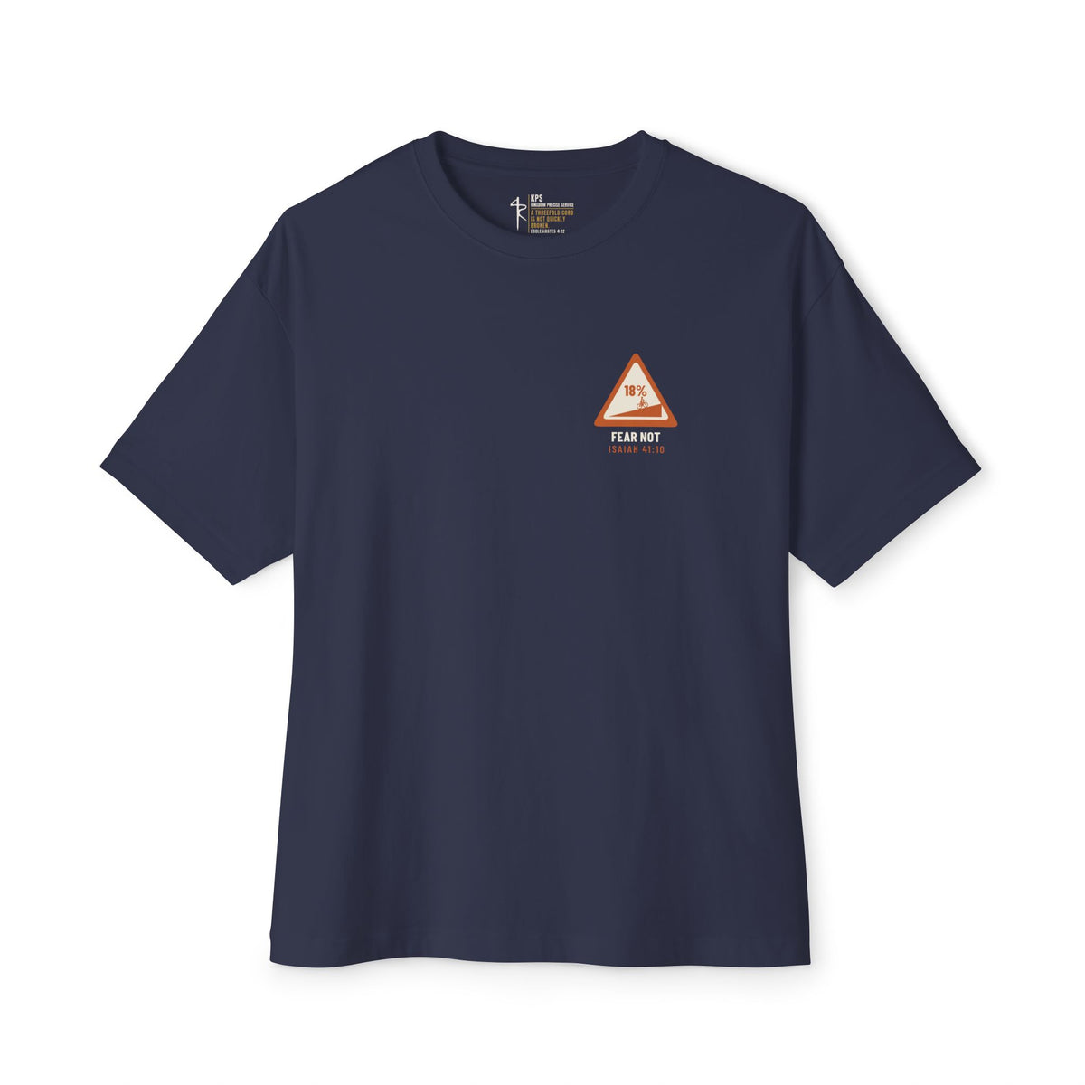 Fear Not the Hill Cycling Tee, Navy, front view, FEAR NOT THE HILL. (THE DESCENT IS ANOTHER STORY.), Isaiah 41:10 (KJV)
