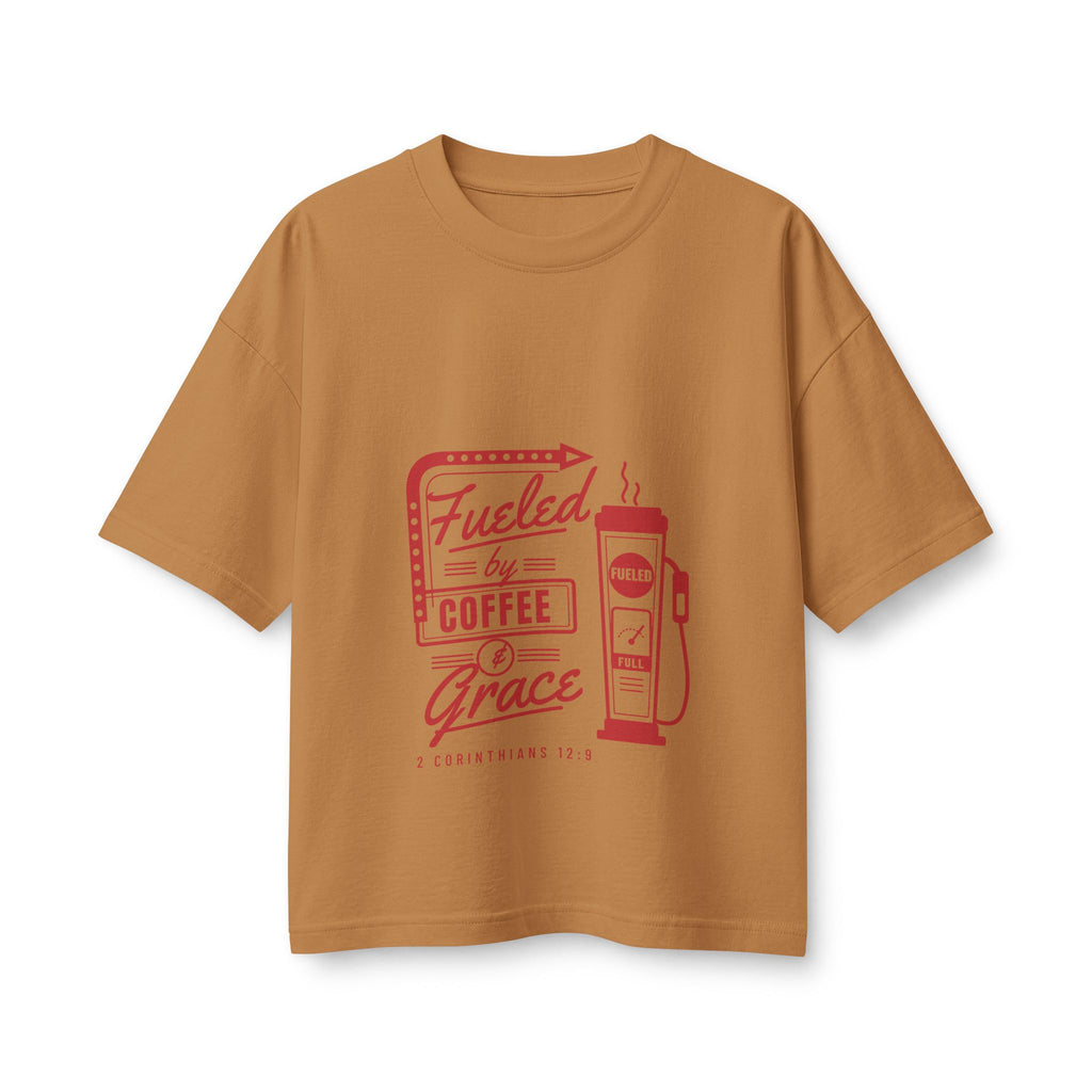 Fueled by Coffee & Grace Boxy Tee, Toast, front view, FUELED BY COFFEE & GRACE., 2 Corinthians 12:9 (KJV)