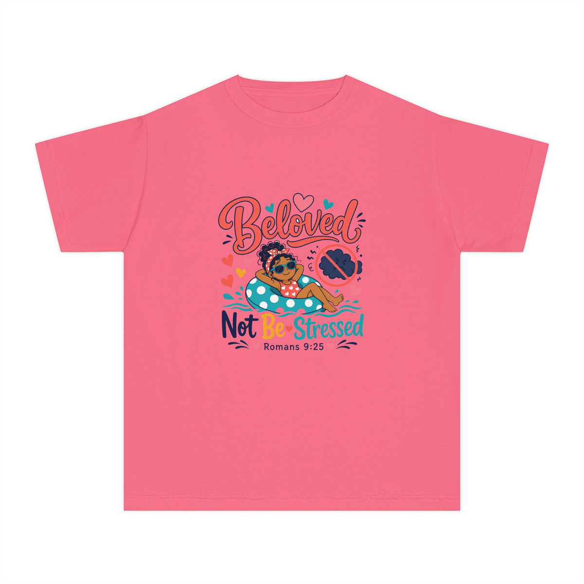 Beloved Youth Tee, kids' t-shirt, Crunchberry, front view, BELOVED. NOT BE-STRESSED., Romans 9:25 (KJV)