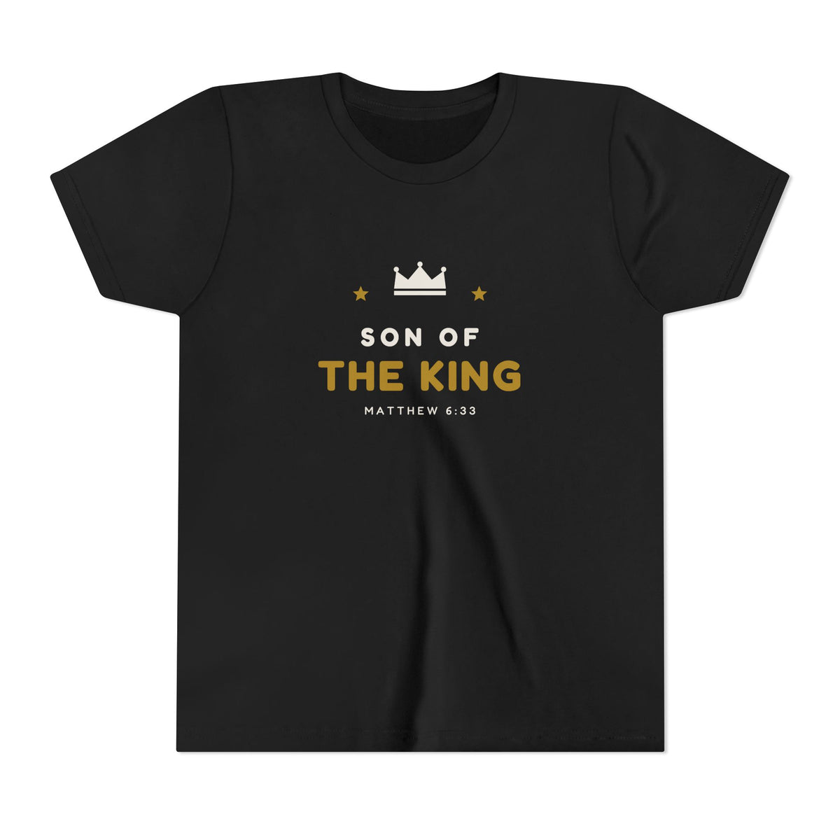 Son of the King Youth Tee, kids' t-shirt, Black, front view, SON OF THE KING., Matthew 6:33 (KJV)