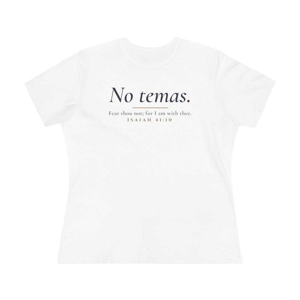 No Temas Women's Relaxed Tee, White, front view, NO TEMAS., Isaiah 41:10 (KJV)