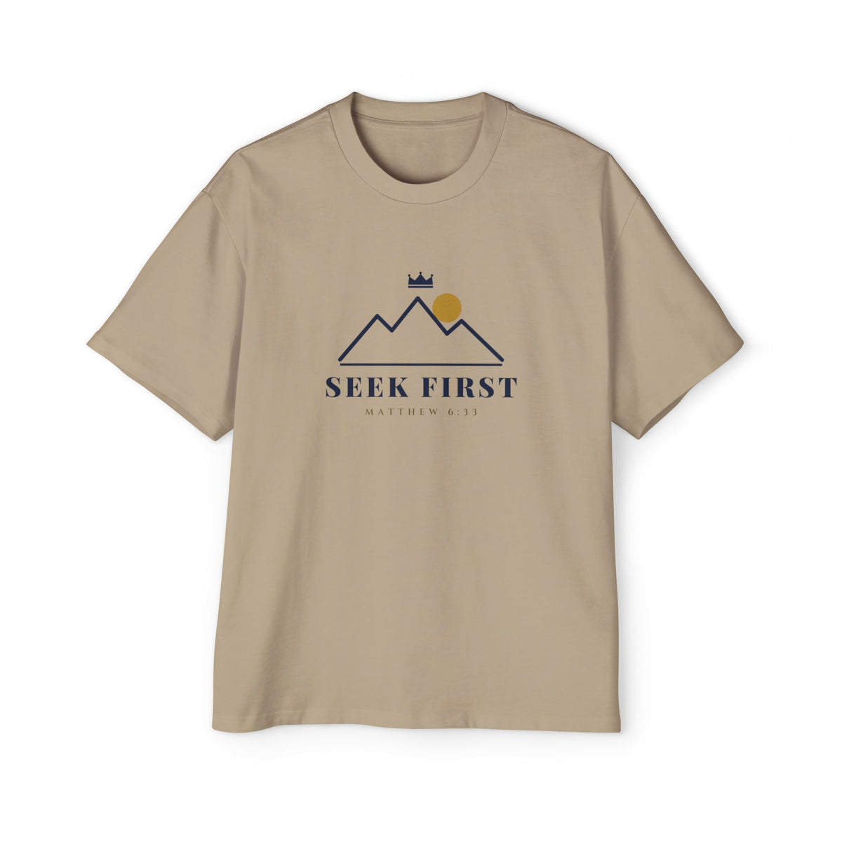 Seek First Mountain Oversized Tee, t-shirt, Faded Khaki, front view, SEEK FIRST., Matthew 6:33 (KJV)