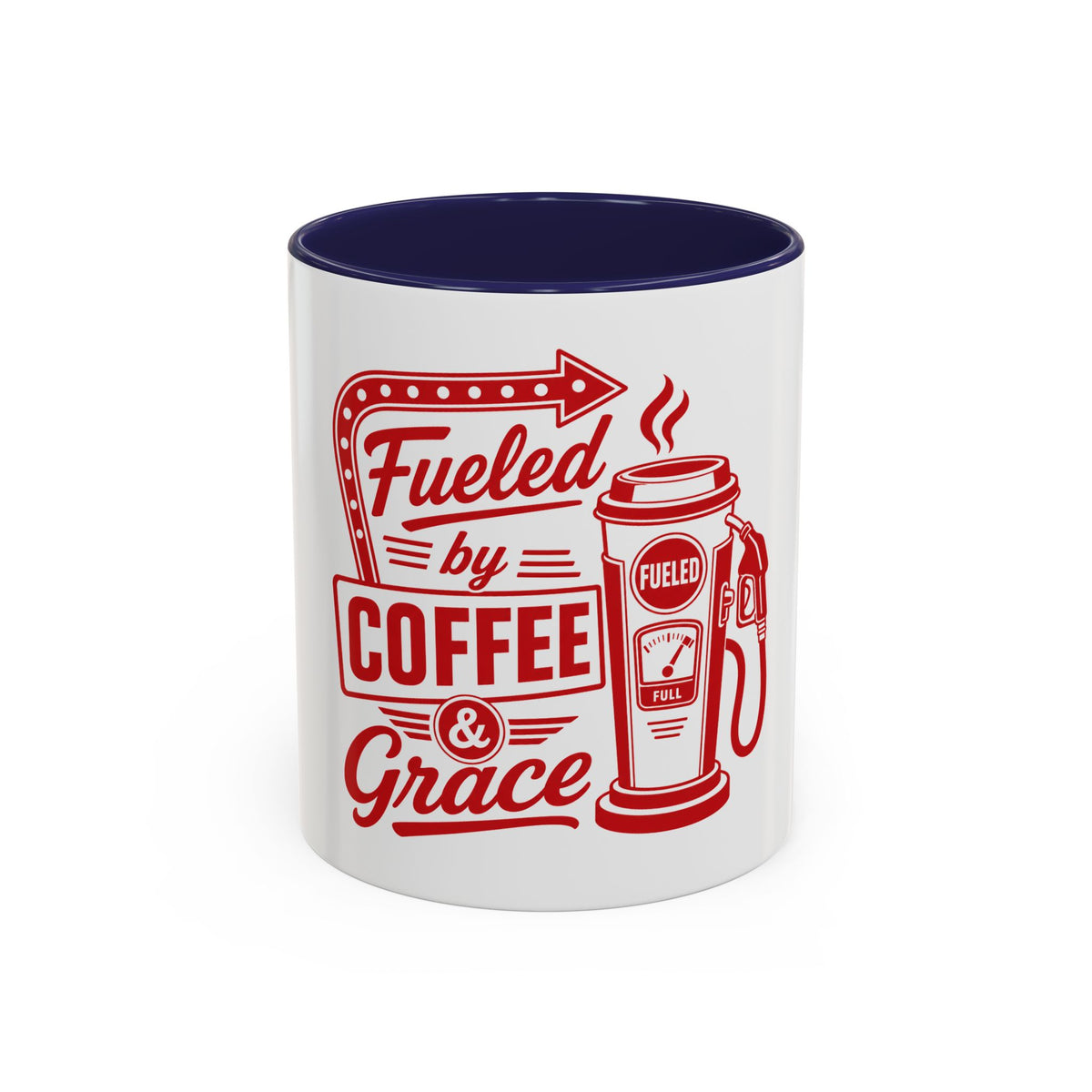 Fueled by Coffee & Grace Mug, mug, Navy inside and handle, front view, FUELED BY COFFEE & GRACE., 2 Corinthians 12:9 (KJV)