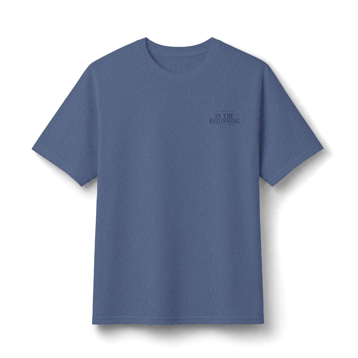 In The Beginning Tee in Vintage Heather Blue, front view: small IN THE BEGINNING chest print, Genesis 1:1 (KJV)