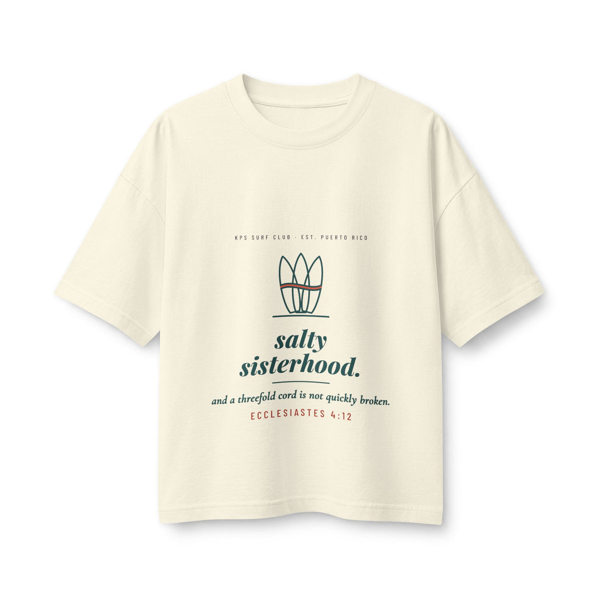 Salty Sisterhood Women's Boxy Tee, Natural, front view, SALTY SISTERHOOD. Ecclesiastes 4:12 (KJV)