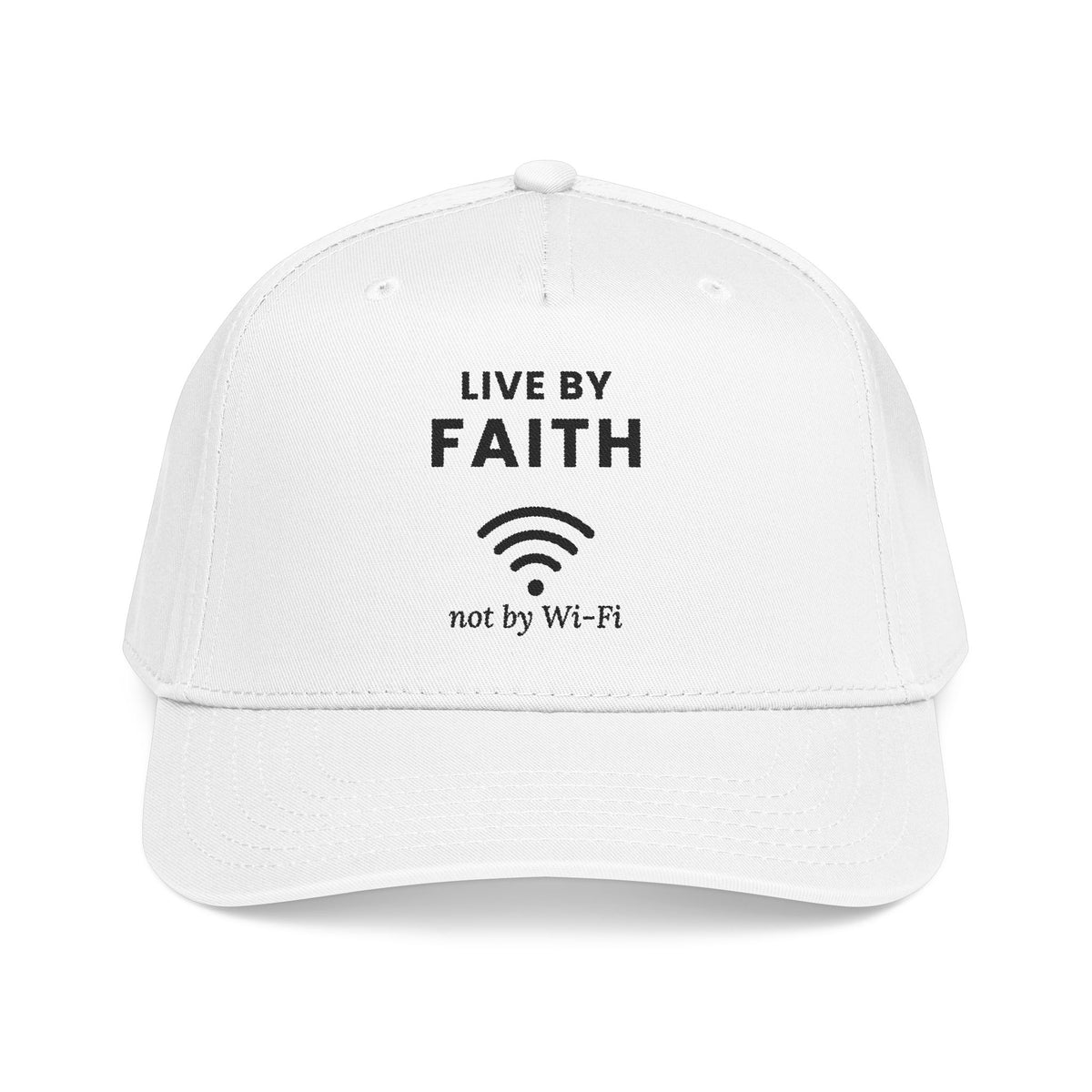 Not by Wi-Fi Cap in White, front view: LIVE BY FAITH, Wi-Fi icon, not by Wi-Fi front print, Habakkuk 2:4 (KJV)