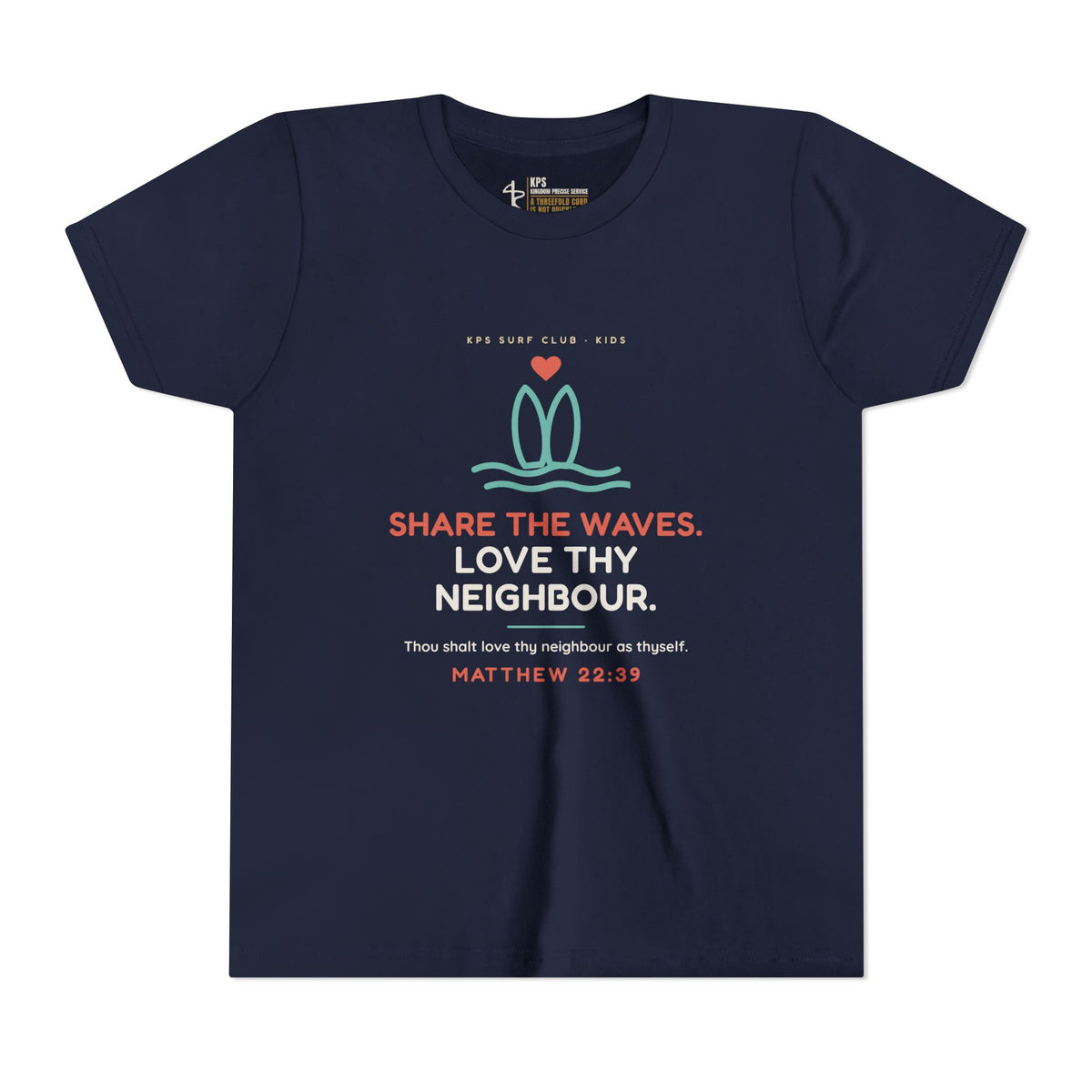 Share the Waves Youth Tee, Navy, front view, SHARE THE WAVES. LOVE THY NEIGHBOUR., Matthew 22:39 (KJV)