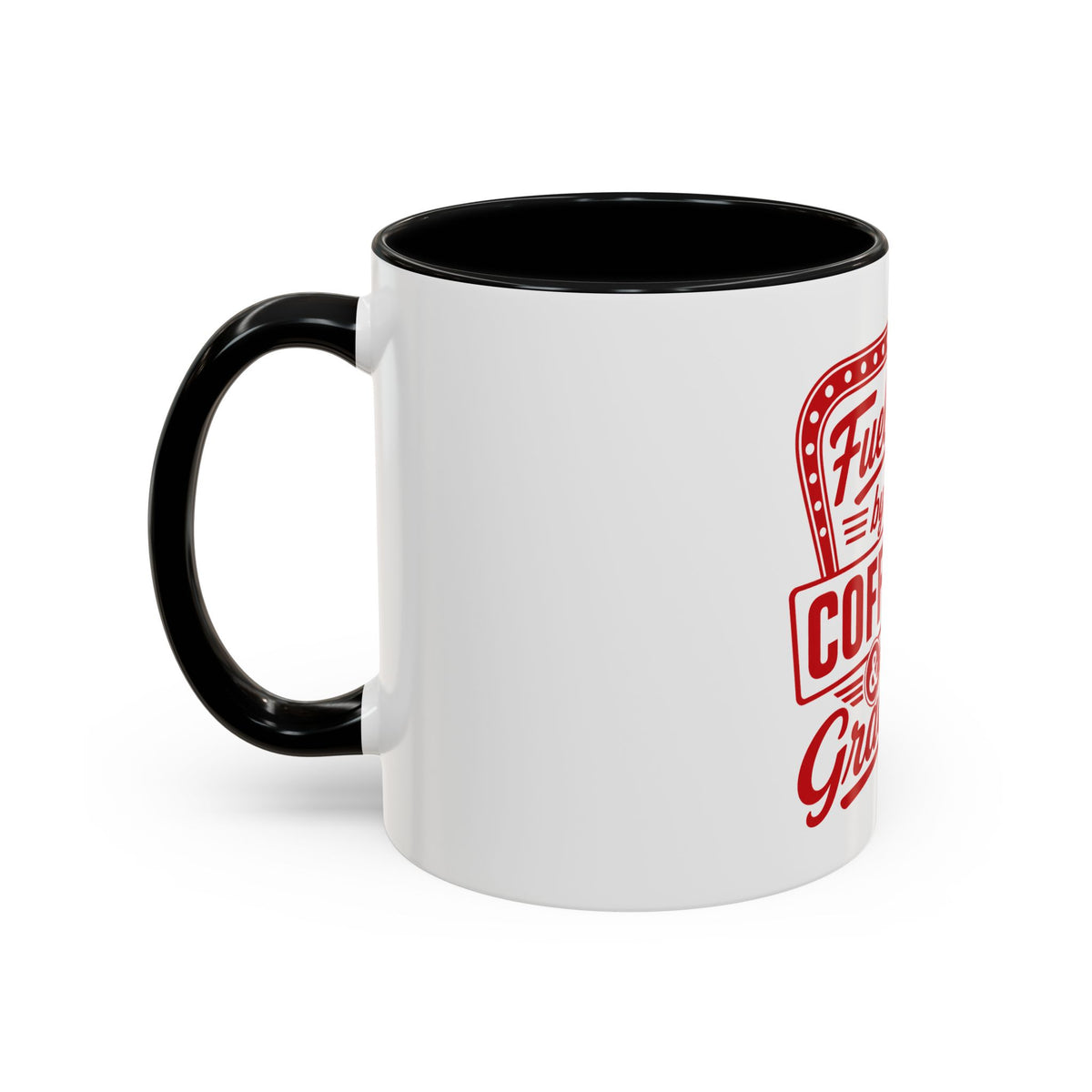 Fueled by Coffee & Grace Mug, mug, Black inside and handle, handle on the left, FUELED BY COFFEE & GRACE., 2 Corinthians 12:9 (KJV)