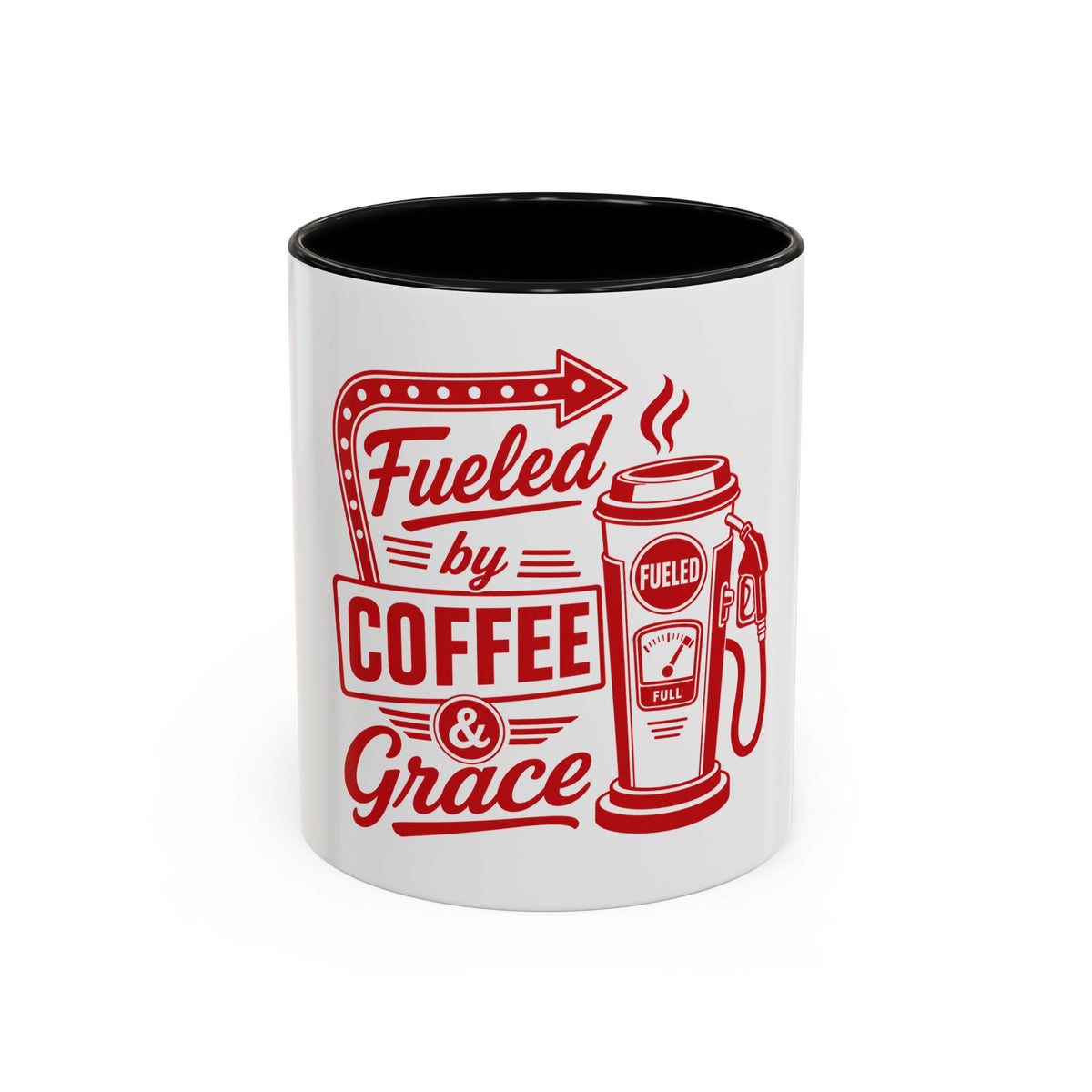 Fueled by Coffee & Grace Mug, mug, Black inside and handle, front view, FUELED BY COFFEE & GRACE., 2 Corinthians 12:9 (KJV)