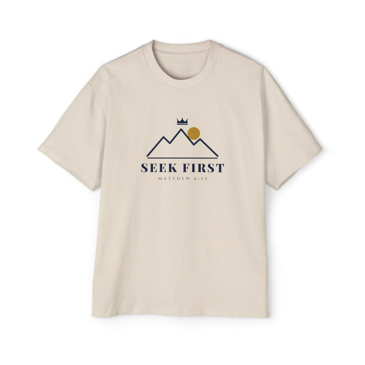 Seek First Mountain Oversized Tee, t-shirt, Ecru, front view, SEEK FIRST., Matthew 6:33 (KJV)