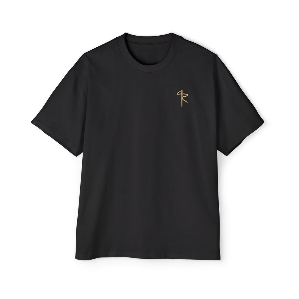 He Will Not Fail Thee Heavyweight Tee, t-shirt, Black, front view, small chest mark, HE WILL NOT FAIL THEE., Deuteronomy 31:6 (KJV)