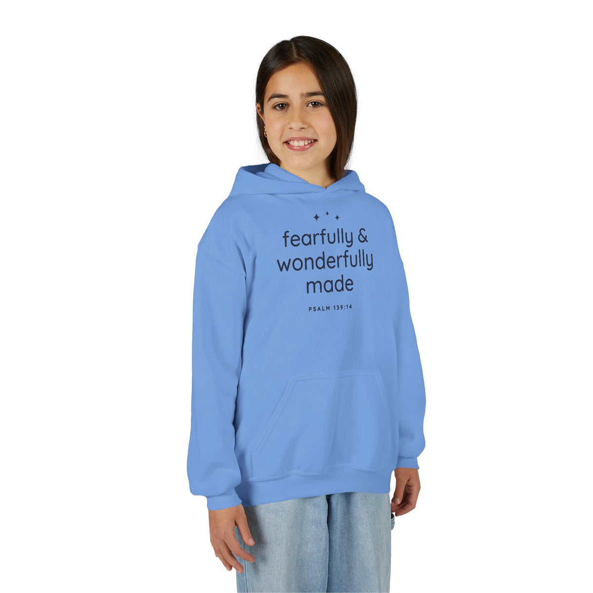Fearfully & Wonderfully Made Youth Hoodie, youth hoodie, Carolina Blue, front view, worn by a girl, FEARFULLY & WONDERFULLY MADE., Psalm 139:14 (KJV)