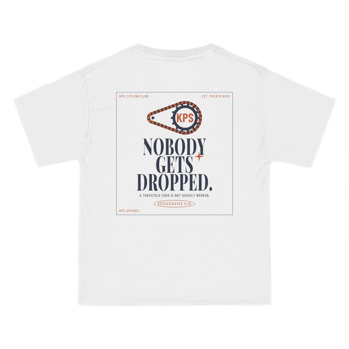 KPS Cycling Club Tee, White, back view, KPS CYCLING CLUB. Ecclesiastes 4:12 (KJV)