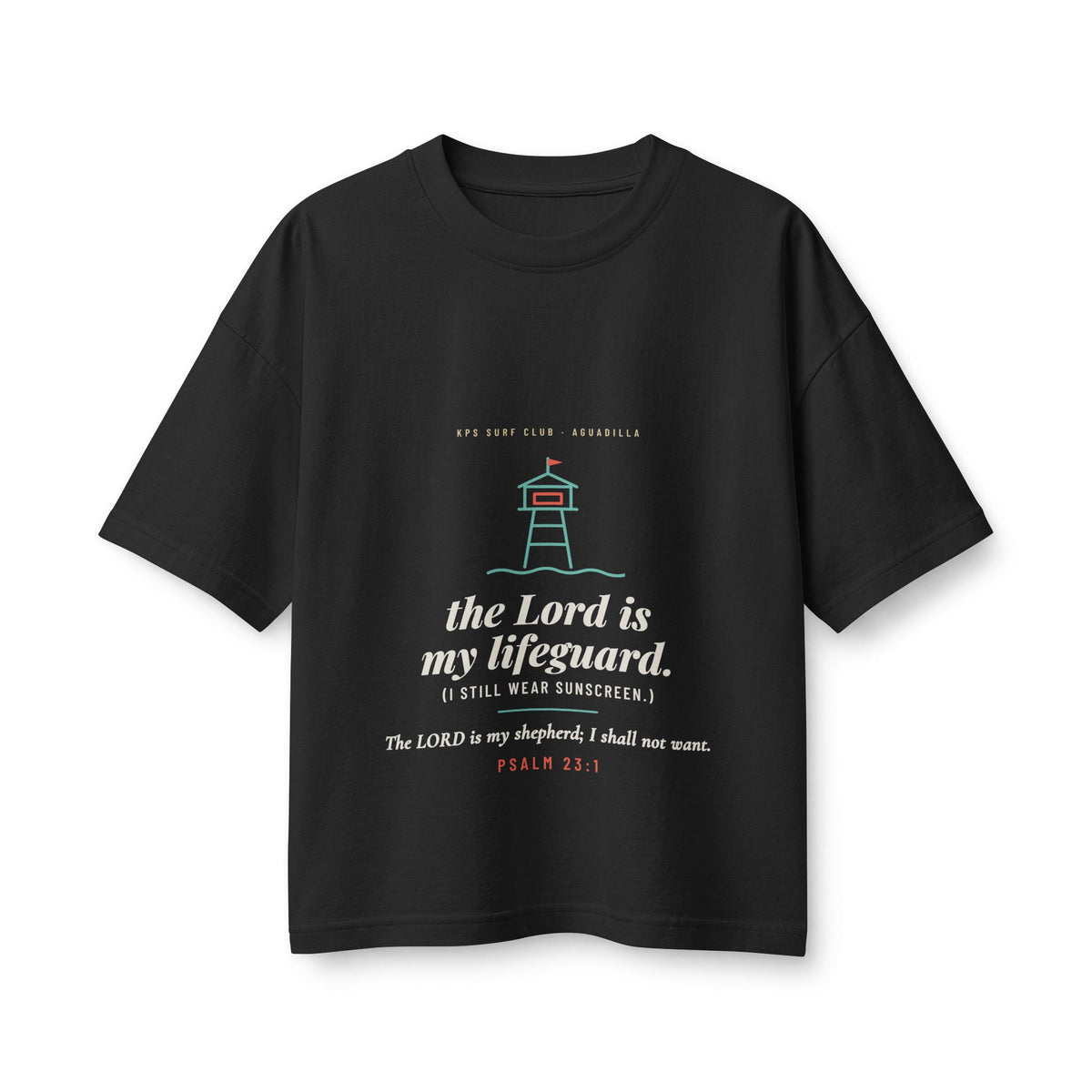The Lord Is My Lifeguard Women's Boxy Tee, Vintage Black, front view, THE LORD IS MY LIFEGUARD. (I STILL WEAR SUNSCREEN.) Psalm 23:1 (KJV)
