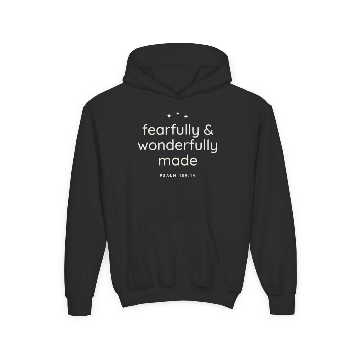 Fearfully & Wonderfully Made Youth Hoodie, youth hoodie, Black, front view, FEARFULLY & WONDERFULLY MADE., Psalm 139:14 (KJV)