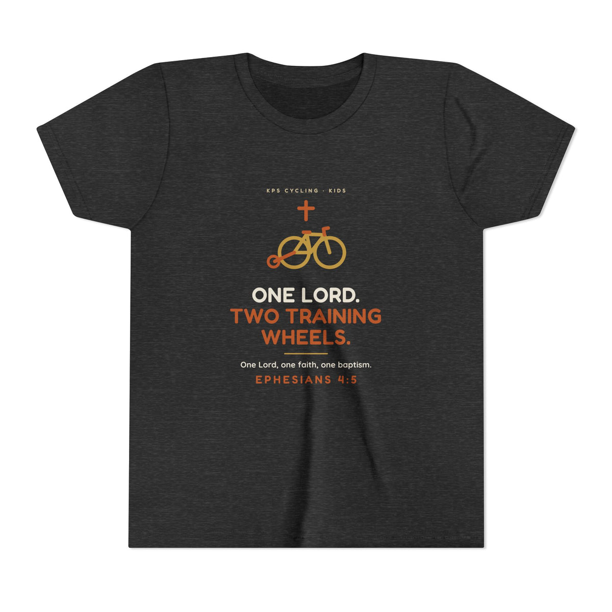 One Lord, Two Training Wheels Youth Tee, Dark Grey Heather, front view, ONE LORD. TWO TRAINING WHEELS. Ephesians 4:5 (KJV)