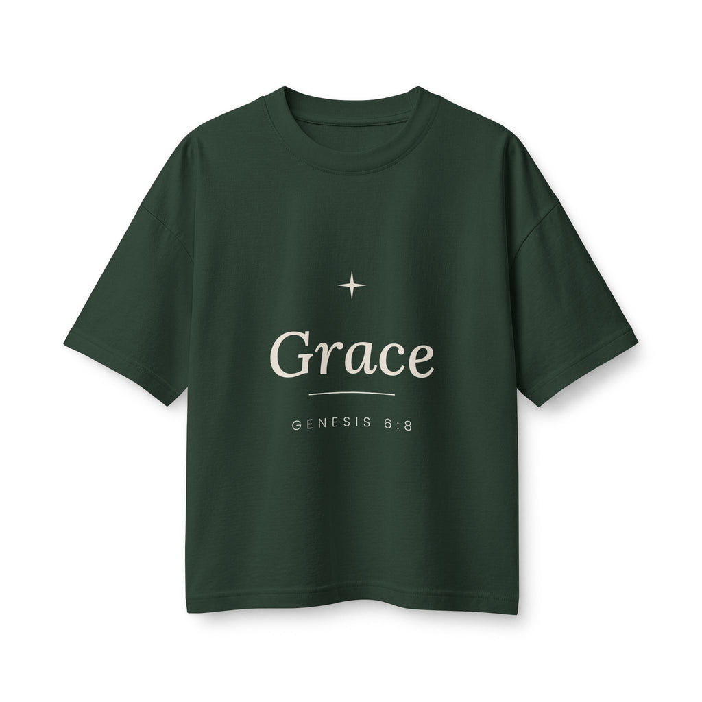 Grace Women's Boxy Tee, Forest, front view, GRACE., Genesis 6:8 (KJV)