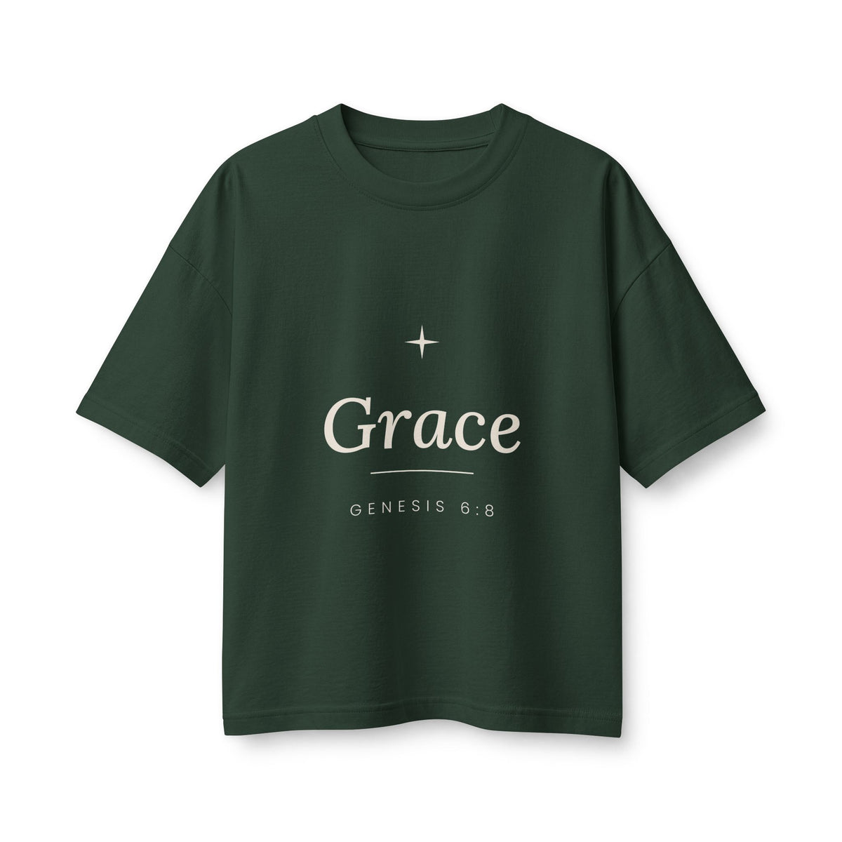 Grace Women's Boxy Tee, Forest, front view, GRACE., Genesis 6:8 (KJV)