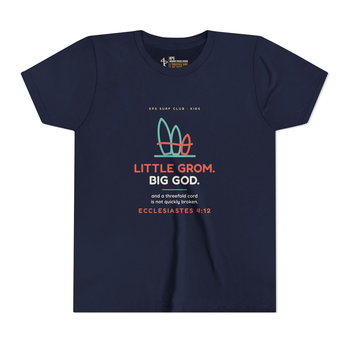 Little Grom. Big God. Youth Tee, Navy, front view, LITTLE GROM. BIG GOD., Ecclesiastes 4:12 (KJV)