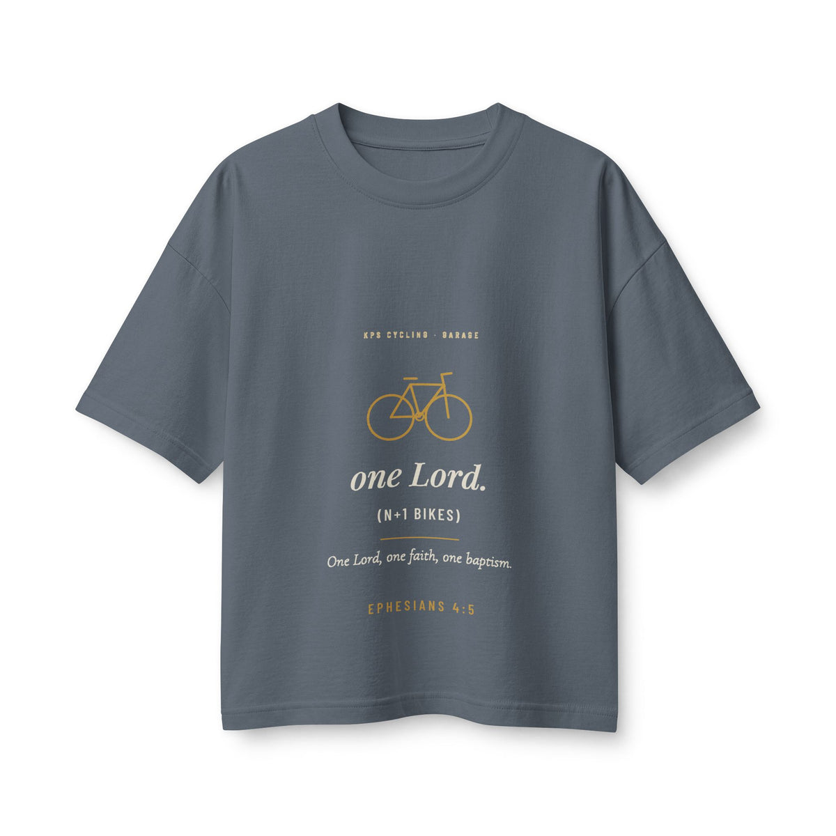 One Lord N+1 Bikes Women's Boxy Tee, Vintage Navy, front view, ONE LORD. (N+1 BIKES.) Ephesians 4:5 (KJV)
