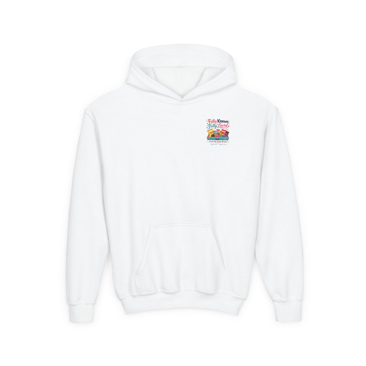 Fully Known Youth Hoodie, kids' hoodie, White, front view, FULLY KNOWN, FULLY LOVED., Psalm 139:1 (KJV)