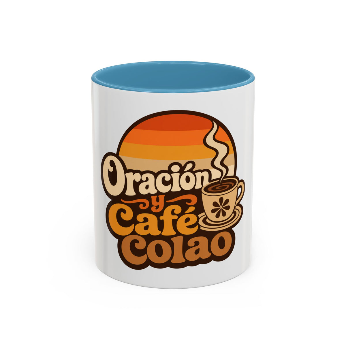 Oración y Café Colao Mug, mug, Light Blue inside and handle, front view, ORACIÓN Y CAFÉ COLAO., Psalm 5:3 (KJV)