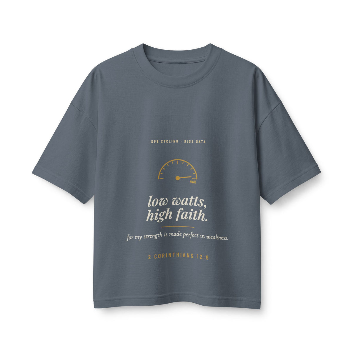Low Watts High Faith Women's Boxy Tee, Vintage Navy, front view, LOW WATTS. HIGH FAITH. 2 Corinthians 12:9 (KJV)