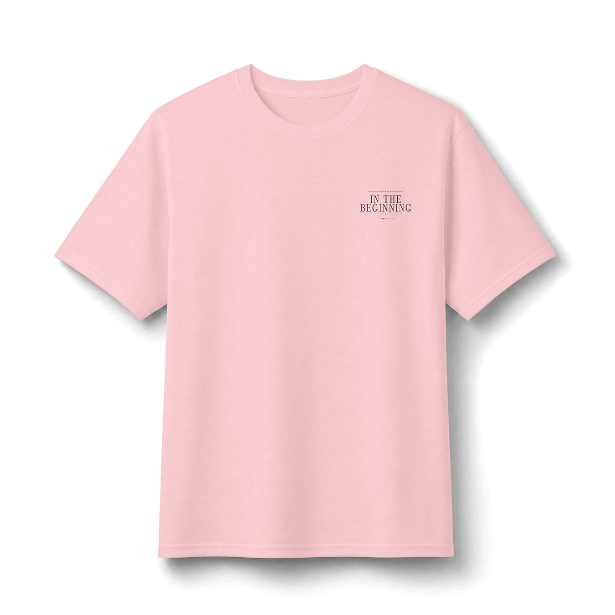 In The Beginning Tee in Classic Pink, front view: small IN THE BEGINNING chest print, Genesis 1:1 (KJV)