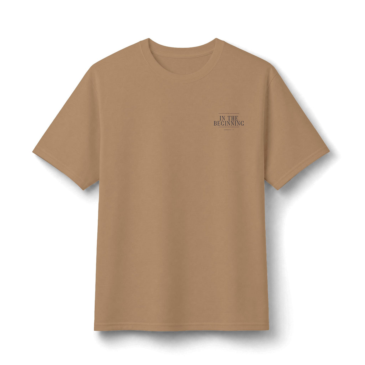 In The Beginning Tee in Sandstone, front view: small IN THE BEGINNING chest print, Genesis 1:1 (KJV)