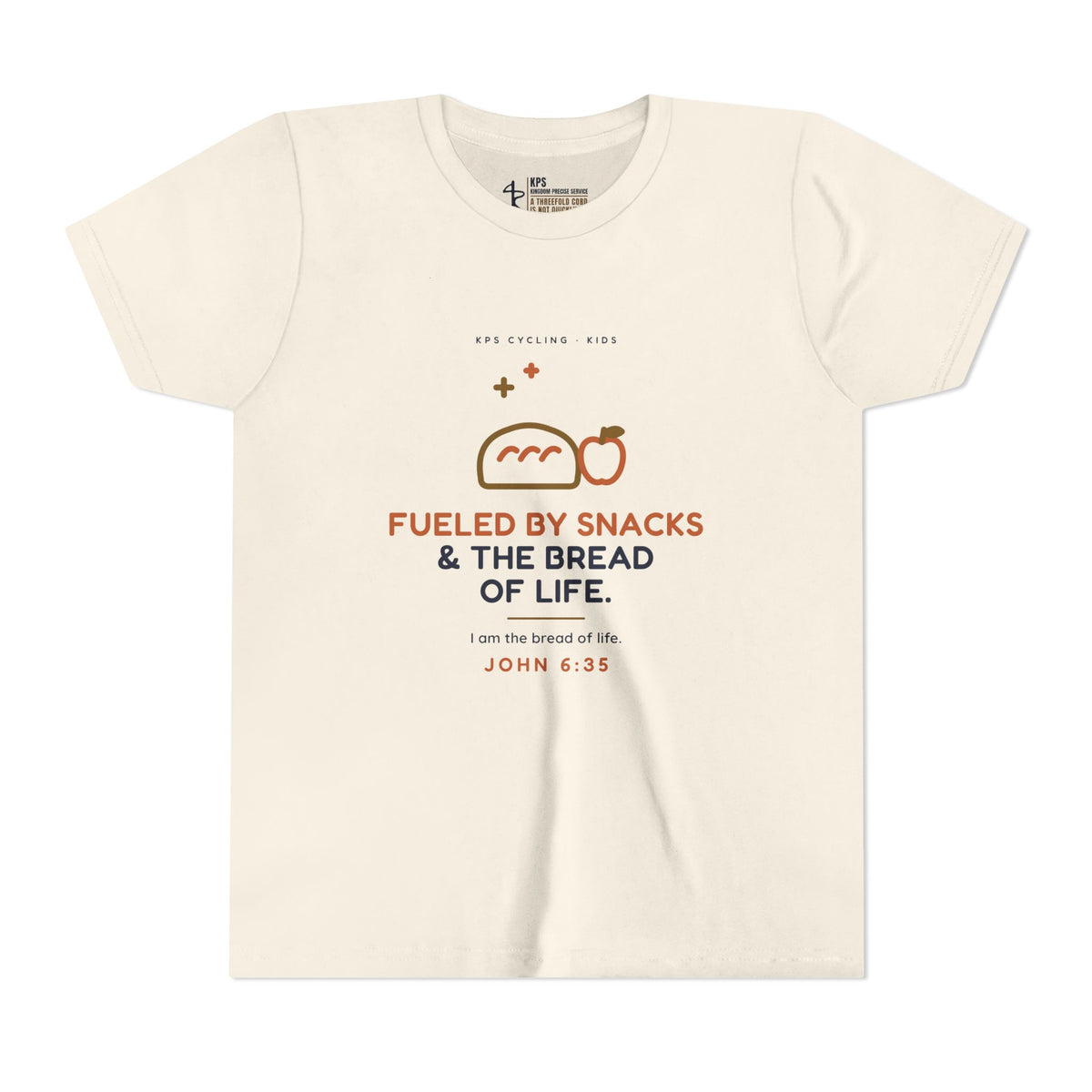 Fueled by Snacks & the Bread of Life Youth Tee, Natural, front view, FUELED BY SNACKS & THE BREAD OF LIFE., John 6:35 (KJV)
